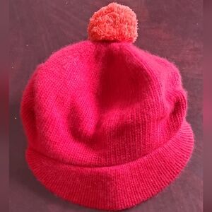 Portolano Cozy Red Knit Cashmere Visor Barret with Orange Pom-Pom